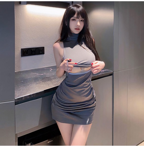 FEE ET MOI - Sexy High-Neck Lift-Up Bust Bodycon Dress (Gray)